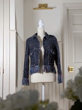 NWT Zara Navy Blue Tweed Cropped Jacket XS Textured Fringe Blazer 2005/717/401