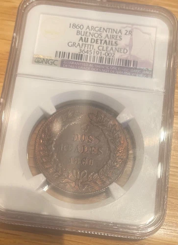 ARGENTINA  BUENOS AIRES 2 REALES 1860 NGC AU DETAILS