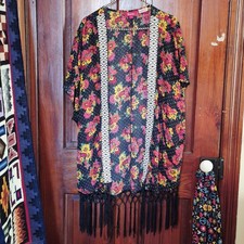 Panhandle Boho Floral Fringe Kimono Cardigan L/XL Western Festival Duster
