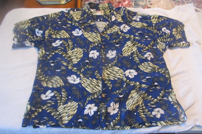 Vintage Paradise Found Hawaiian Shirt Mens XL Blue Floral 'small palms Rayon