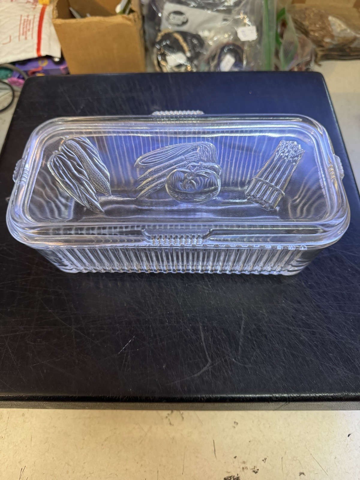 Vintage Federal Glass Clear Ribbed Rectangle Refrigerator Dish W/ Lid Vegetable