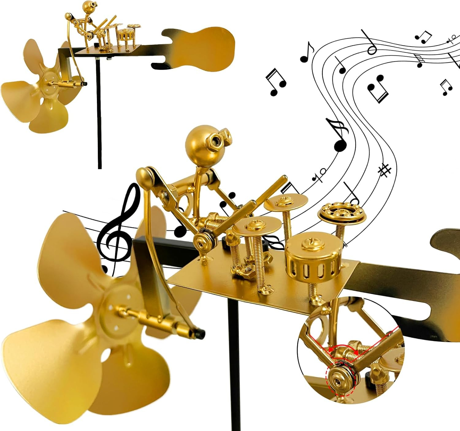 Handmade Metal Drummer Windmill, Rock Art Sculptures, Wind-Powered Kinetic Figur