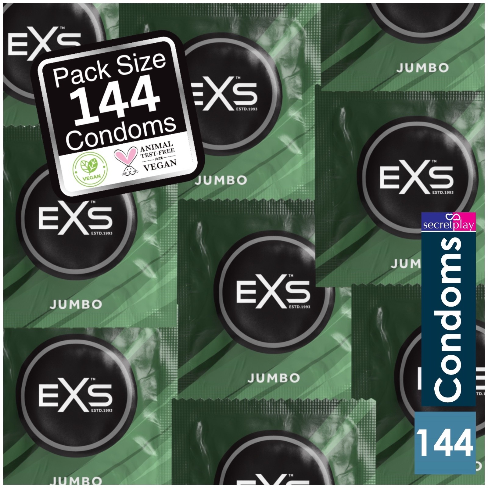 144 x Exs Jumbo Extra Large Size Condoms | Super King Size Vegan | Width 69mm |