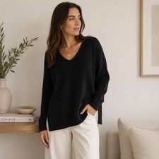 Athleta Hanover Ribbed V Neck Sweater Sz M Black Merino Wool Blend Luxe
