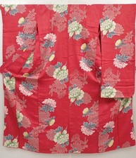 6508T14z690 Antique Japanese Kimono Silk FURISODE Peony Red-Pink