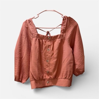 Hem & Thread Pink Crinkle Button Front Puff Sleeve Tie Back Square Neck Blouse