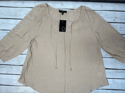 NWT Fred David Women's Blouse Top Size Large Beige Brown 3/4 Sleeve V-Neck Tunic