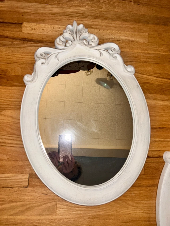 Vintage Rococo Oval Wood Wall Mirror 22” X 16” Decorative Ornate Hanging White - Image 2 of 4