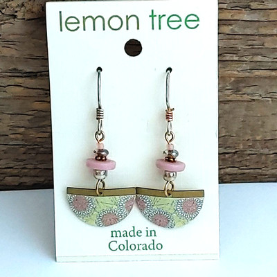 Lemon Tree Pink Green Gold Tone Floral Earrings Made in Colorado