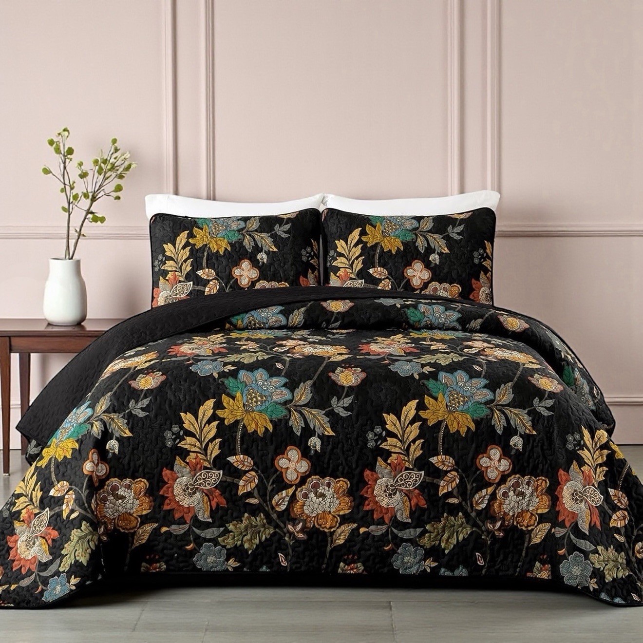 NEW Anthro Black Floral Print Multicolor Boho Queen King Bed