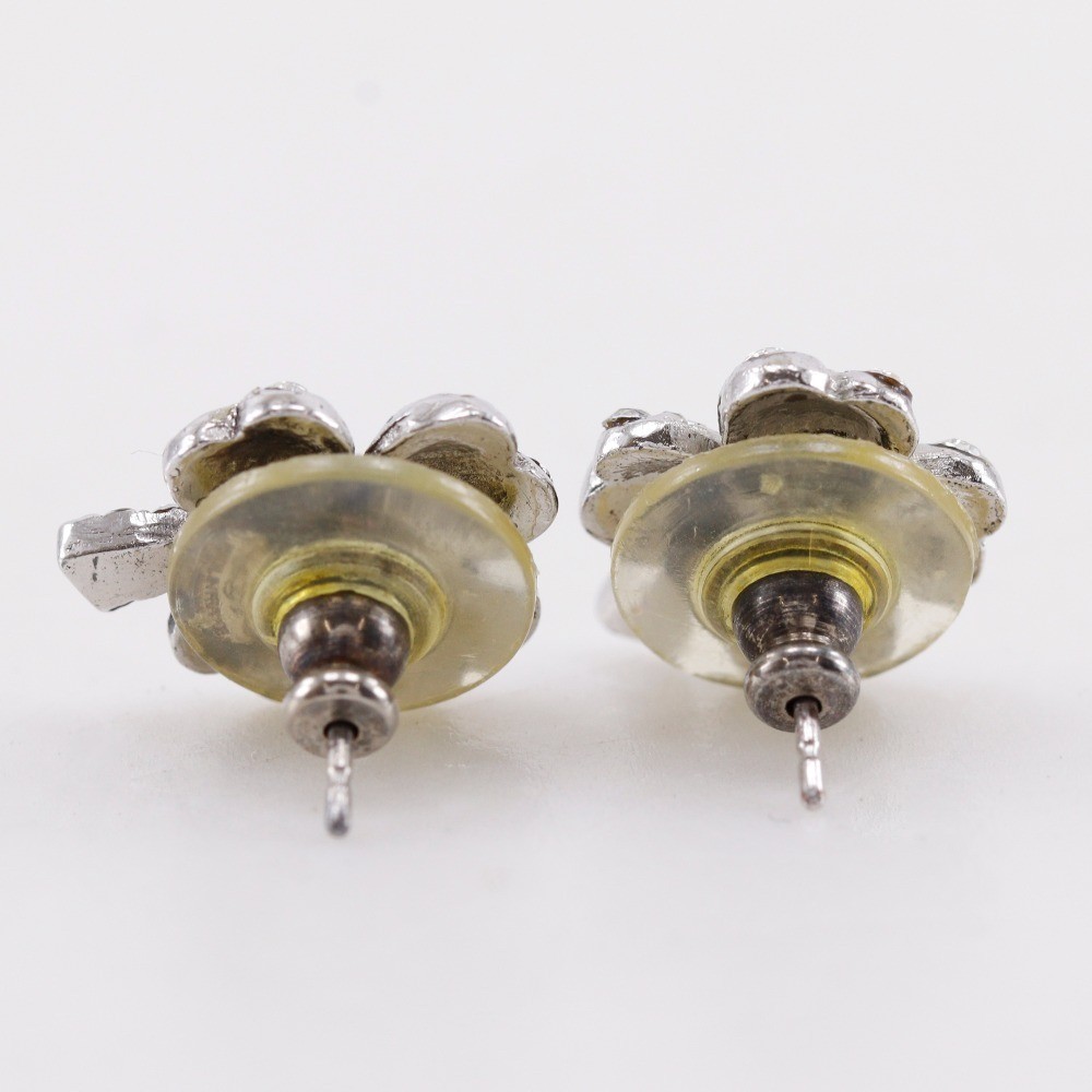CHANEL Clover Earrings with Rhinestones Silver Women's Excellent thumbnail 5