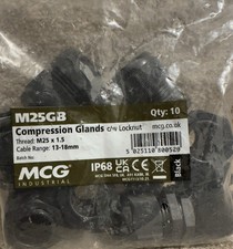 MCG M25 Cable Glands IP68 Black Nylon 13-18mm Compression Gland Pack of 10