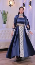 Women Palestinian Embroidered Thobe Dress Open Sleeve with Satin Details Coins