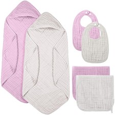 6 Pcs Muslin Hooded Bath Towels Washcloths and Bibs Set, Muslin Cotton Baby T...