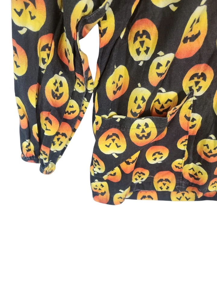 Blusa esfoliante de Halloween abóbora Jack-o-lantern manga comprida com botão para cima sem marca - Imagem 4 de 4