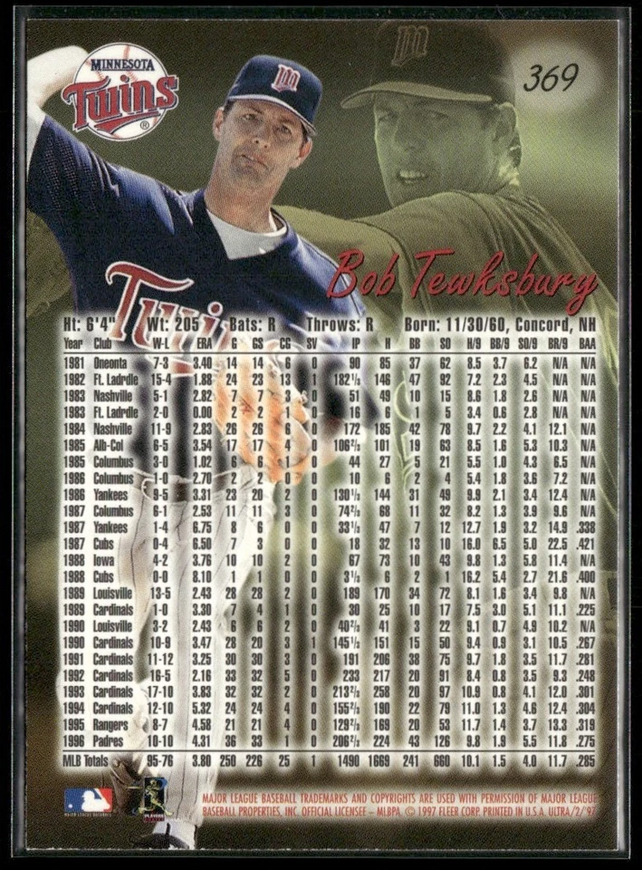 1997 FLEER ULTRA BOB TEWKSBURY MINNESOTA TWINS #369 - Image 2 of 3