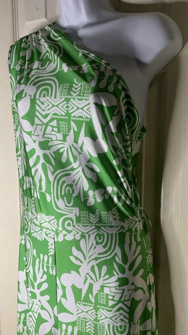 Women's Green White Floral One Shoulder Maxi Dress Sleeveless  M