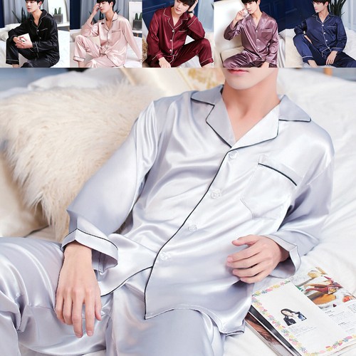 DE Herren Seide Satin Schlafanzug Pyjama Satz Lang Arm Nachtwäsche Pyjama DHL. - Bild 19 von 28