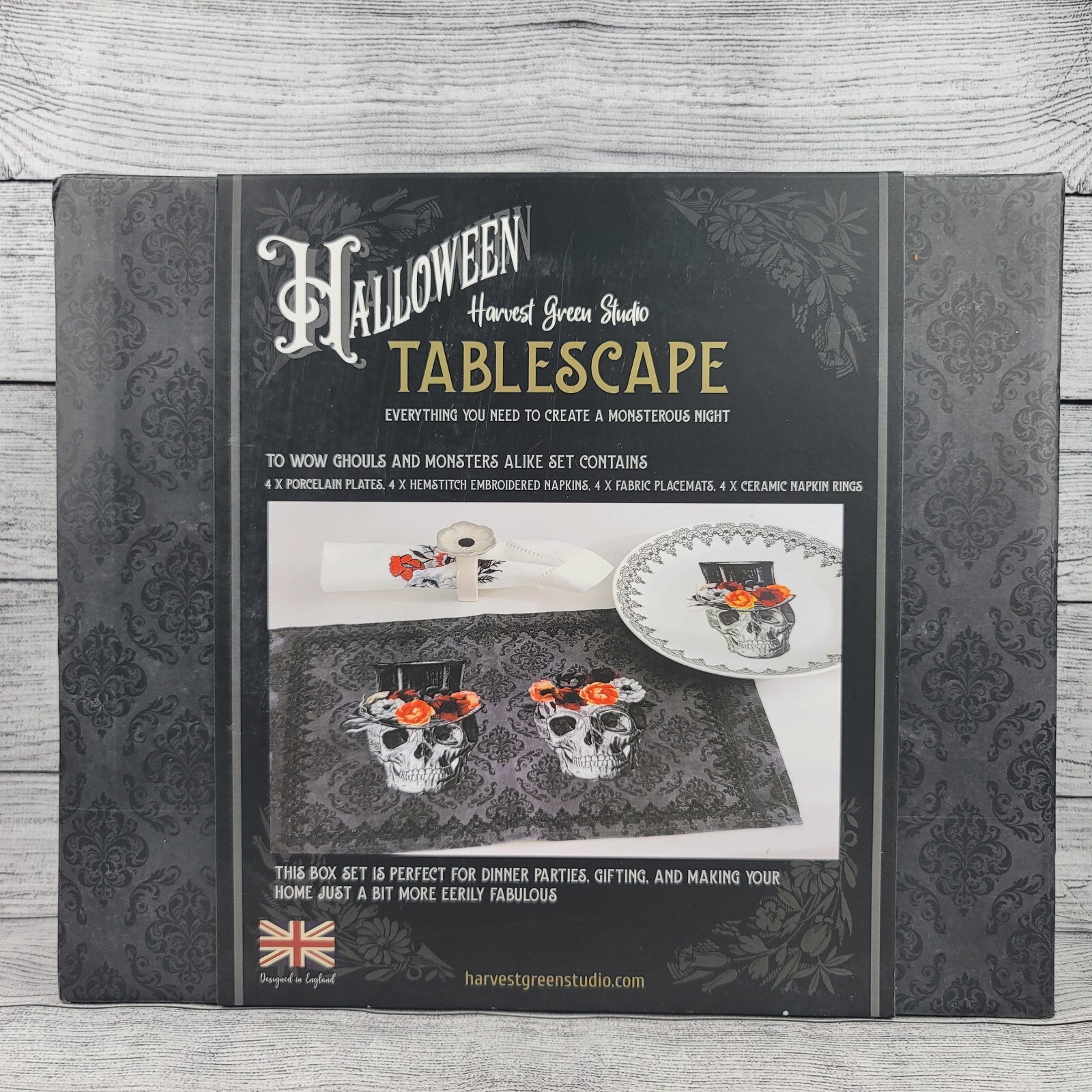 Halloween Harvest Green Studio Skull Tablescape 16 piece Dinner Set