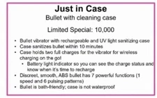 Just In Case Pure Romance Limited NEW SEALED Case Charges & Sanitizes Bullet Toy