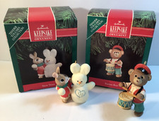 2 Hallmark 1991 Tender Touches Christmas Ornaments Fanfare Bear  Snow Twins