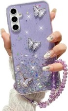 for Samsung Galaxy A15 Bling Case with Lanyard, Cute 3D Butterfly Purple