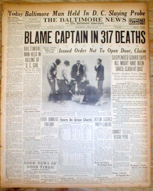 1930 headline newspaper Columbus OHIO STATE PRISON FIRE Worst Death