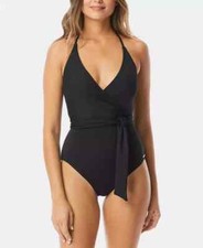 Vince Camuto Women's Black Shades V-Neck Wrap Tie One-Piece Swimsuit Size 10