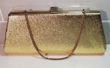 Vtg Metallic Gold Clutch Purse With Chain Or Handheld Clutch W/ Metal Snap Close