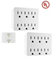 2 Pack WHITE 6 Outlet Electrical Power Grounded Wall Socket Taps Adapters TWO