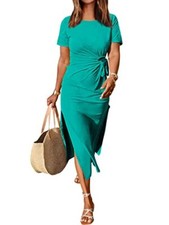 Women  s 2024 Summer Short Sleeve Crewneck T Shirt Maxi Dress Tie Small Lake