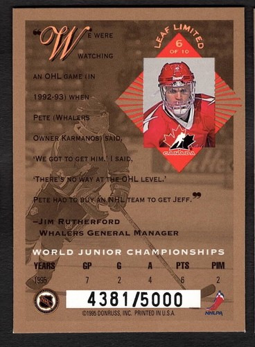 1994-95 Jeff O'Neill Leaf Limited Hockey Bronze Rookie RC /5000 Canada #6 - Picture 2 of 2
