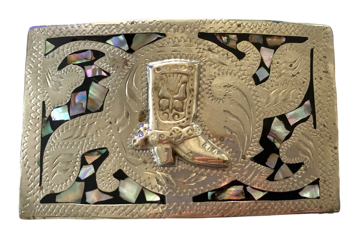 VTG Abalone Inlay Star Belt Buckle Western Celestial Distrayed *chipped Large Vintage Navajo Turquoise Chip Inlay Ketoh Design  main image 3