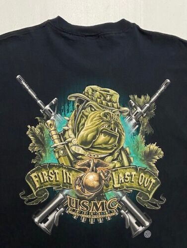 Męska koszulka rozmiar M USMC "First In Last Out" krótki rękaw czarna okrągła bawełna nowa - Zdjęcie 1 z 6