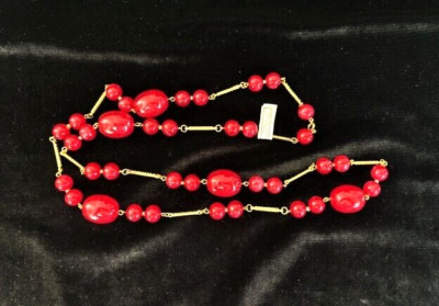 VTG NOS Gold Tn MARBLED CHERRY RED Hard Plastic Bead Necklace West Germany 40'' L