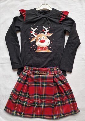 NEU! Winter Mädchen Set Outfit Pulllover Rock Rentier