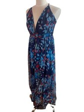 New Deep V Indigo floral dress Sexy Maxi Criss Cross Back Sheer Size Large