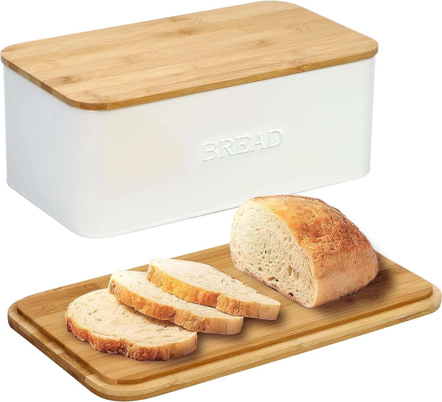 White Bread Box for Kitchen Countertop, Bread Box with Cutting Board Lid, White