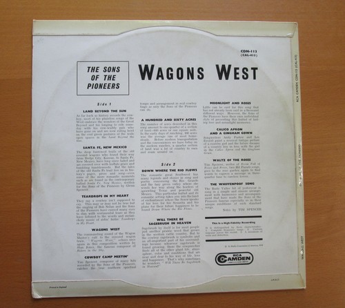 Sons Of The Pioneers Wagons West 1958 RCA Camden CDN-113 EX/EX - Picture 5 of 5