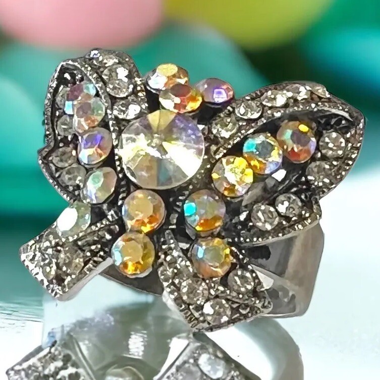 Butterfly Rhinestone Ring Adjustable Silver Tone … - image 7