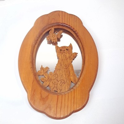 Vintage Wood cat wall mirror oval butterfly flower kitty kitten cottagecore cute