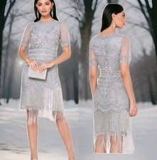 New joanna hope Dress grey silver beaded lace 20s deco gatsby Wedding evening 24