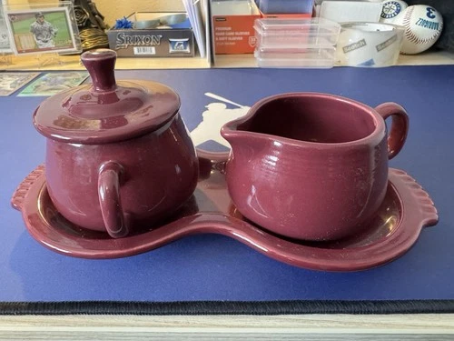 Fiestaware Creamer Sugar Tray Set Glazed PurpleBrown Ceramic Made USA