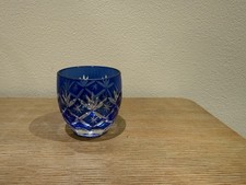 Japanese Collectible Edo Kiriko Cut Glass Blue Shimmering Sake Cup