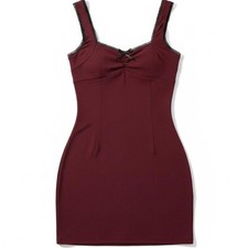 Burgundy Bodycon Mini Dress Lace Trim Strappy Ruched Party Club Size AU 8