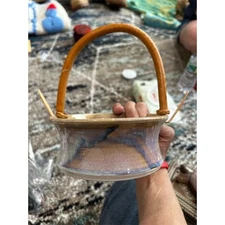 Janet Rodriguez Studio Pottery Basket Multicolor with Bamboo Handle