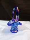 Fenton NFGS Blue Iridescent Glass #37 Painted Mini Miniature Basket Blue Flowers