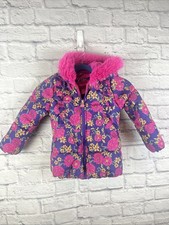 London Fog Girls Kids Floral Faux Fur Hooded Puffer Winter Coat Jacket Size 5-6