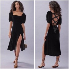 REFORMATION Jocelyn Velvet Midi Dress Puff Sleeve Lace Up Open Back Black Size 2