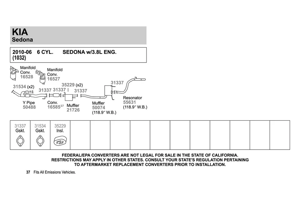 For Kia Sedona 2006-2010 Walker 50488 Aluminized Steel Exhaust Y-Pipe - Imagem 2 de 3